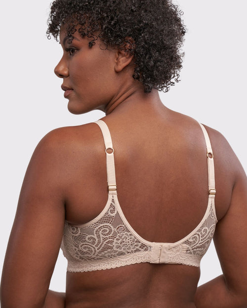 Champagne / Au Natural & pocketed lace soft cup bralette with adjustable straps on au natural model 