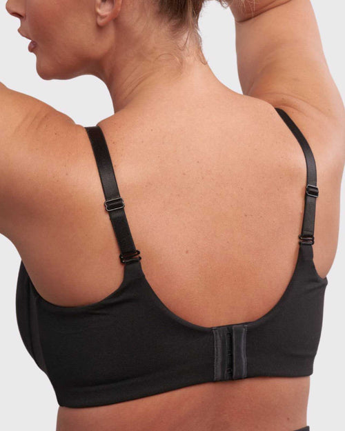 Slate / Flap Reconstruction & pocketed full coverage t-shirt bra with soft wire free cups, back hook closure and adjustable straps on model.
