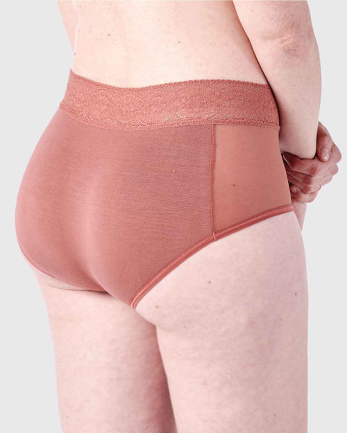Dusty Rose & high waisted panty with soft modal material, breathable mesh side panels, stretch lace waistband and full coverage back on model.