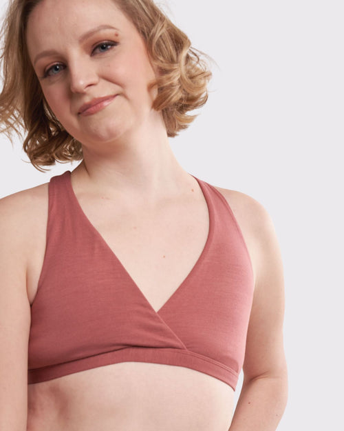 Dusty Rose / Flap Reconstruction  & pocketed pullover lounge modal bra on diep flap model front view