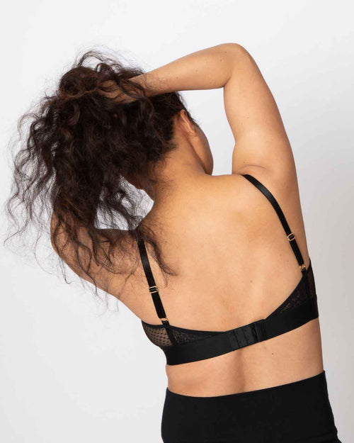 Black / Lumpectomy & pocketed high cut neck lace bralette on lumpectomy model chest view