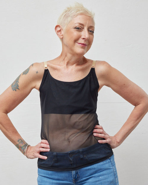Black / Mastectomy & pocketed mesh camisole with built in shelf bra for extra support, semi sheer lightweight fabric