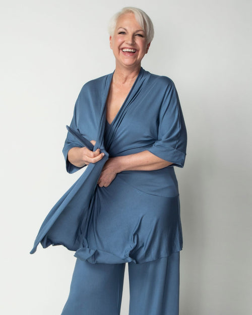 Slate  & Model wearing the Miena post surgery super soft robe