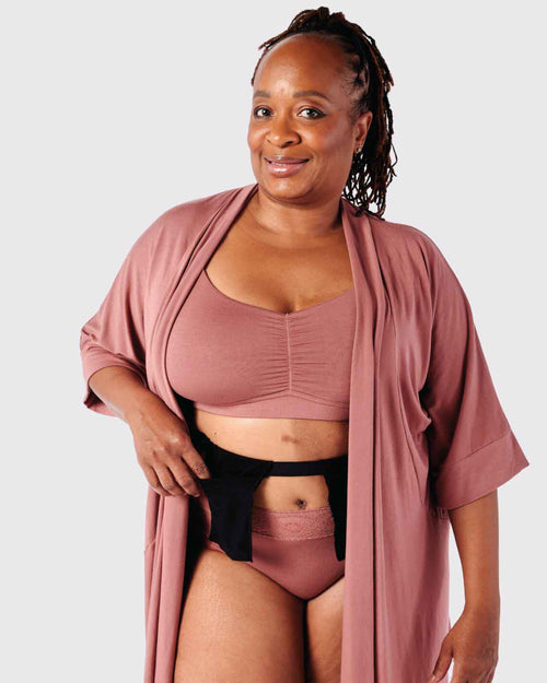 Dusty Rose & bra and undies, soft modal loungewear robe with tie closure, attachable drain belt for post surgery recovery on flap reconstruction model