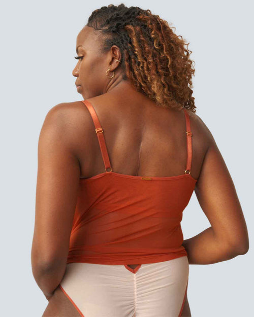 Terracotta / Flat & pocketed mesh camisole with built in shelf bra for extra support, semi sheer lightweight fabric