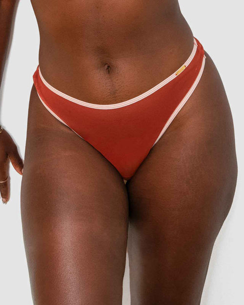 Terracotta & mesh thong front view on model