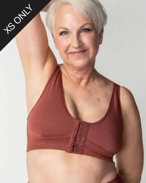 Sienna & front closure post op bra front view on an diep flap model