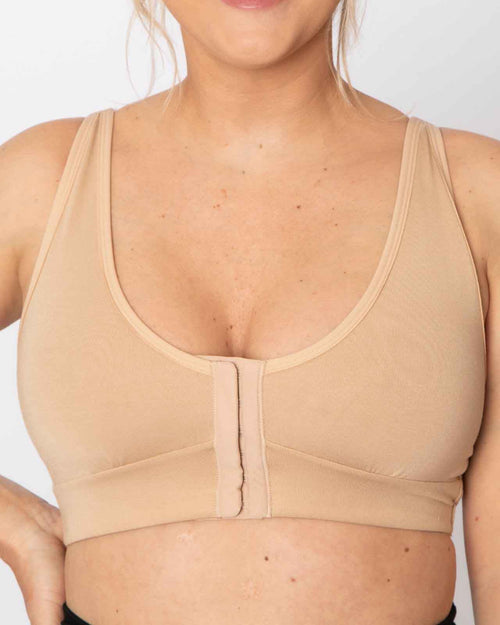 Sand / Unilateral & pocketed front closure bra with soft wire free cups and adjustable straps on unilateral model back view