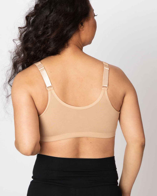 Sand / Unilateral & pocketed front closure bra with soft wire free cups and adjustable straps on unilateral model back view