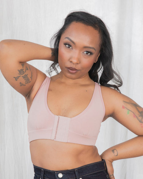 Blush / Flap Reconstruction & pocketed front closure bra with soft wire free cups and adjustable straps on diep flap model front view
