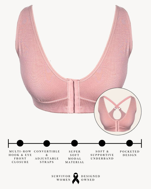 Blush / Implants & pocketed front closure bra with soft wire free cups and adjustable straps on au natural model front view