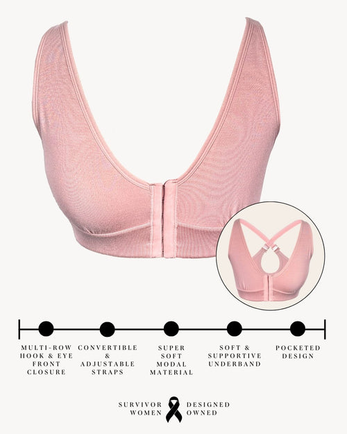 Blush / Flap Reconstruction & pocketed front closure bra with soft wire free cups and adjustable straps on diep flap model front view