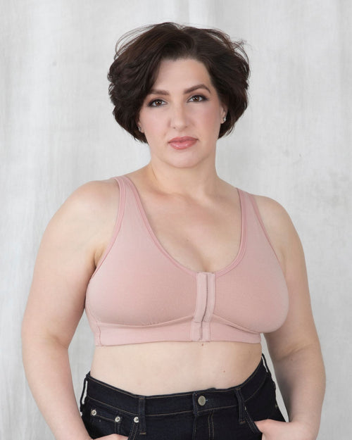 Blush / Flap Reconstruction & pocketed front closure bra with soft wire free cups and adjustable straps on diep flap model front view