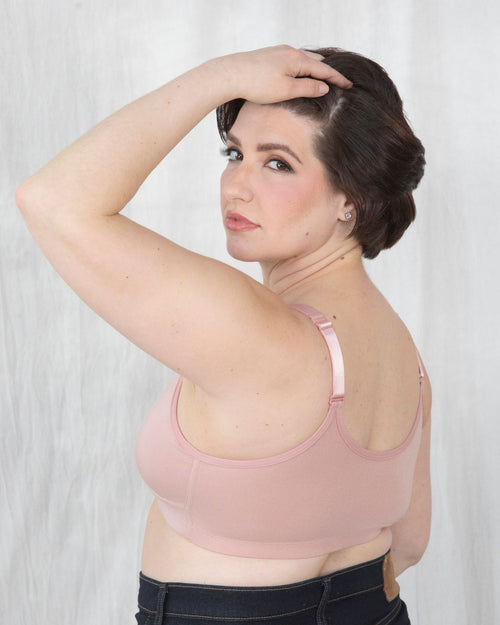 Blush / Flap Reconstruction & pocketed front closure bra with soft wire free cups and adjustable straps on diep flap model side view