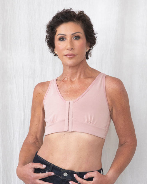 Blush / Flap Reconstruction & pocketed front closure bra with soft wire free cups and adjustable straps on diep flap model front view