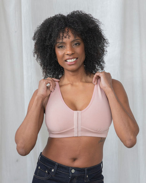Blush / Flap Reconstruction & pocketed front closure bra with soft wire free cups and adjustable straps on diep flap model front view