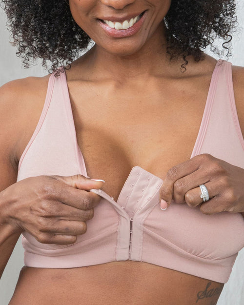 Blush / Flap Reconstruction & pocketed front closure bra with soft wire free cups and adjustable straps on diep flap model side view
