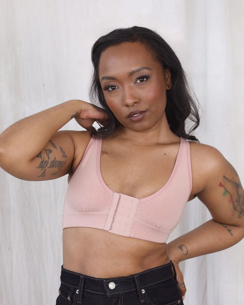 Blush / Flap Reconstruction & pocketed front closure bra with soft wire free cups and adjustable straps on diep flap model front view
