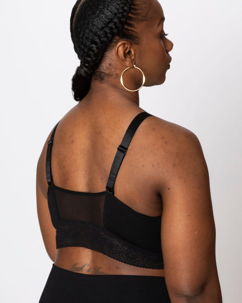 Black / Au Natural & longline pullover bra with a lace trim, soft cups, mesh back, adjustable straps on au natural model.