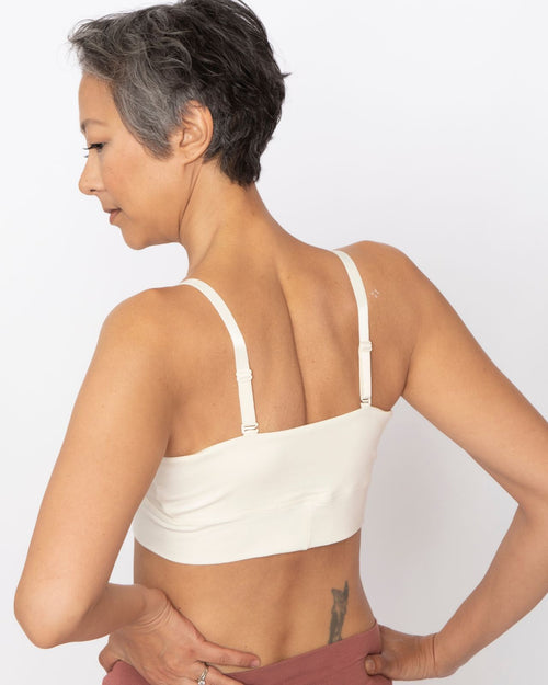 Ivory / Flat & pocketed leisure bra with mesh panel sides and underwire free designs on flat model back view