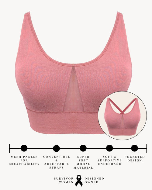 Dusty Rose & infographic for the leslie leisure bra