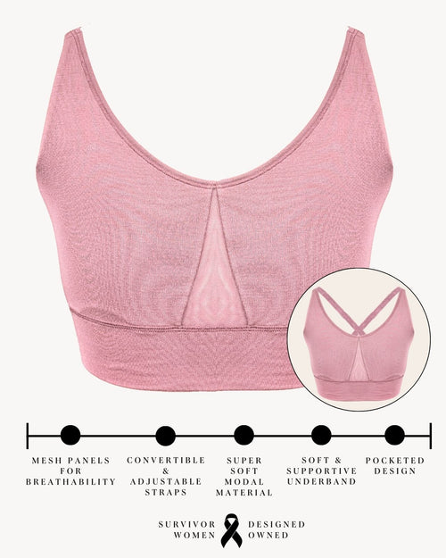 Blush / Flat & pocketed leisure lounge bra with mesh side panels and underwire free designs on model front view