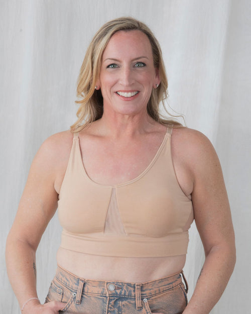 Sand / Mastectomy & pocketed leisure bra with mesh panel sides and underwire free design front view