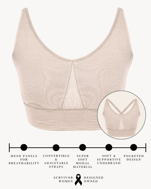 Oat / Unilateral & pocketed leisure bra with mesh panel sides and underwire free design 3D Image
