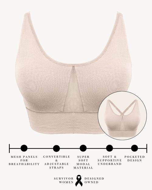 Oat / Flat & pocketed leisure bra with mesh panel sides and underwire free design 3D Image