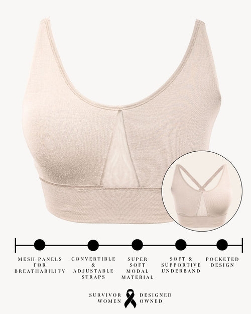 Oat / Unilateral & pocketed leisure bra with mesh panel sides and underwire free design 3D Image