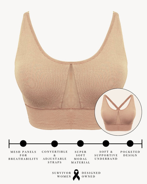 Sand / Mastectomy & pocketed leisure bra with mesh panel sides and underwire free design infographic