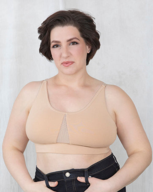 Sand / Mastectomy & pocketed leisure bra with mesh panel sides and underwire free design front view