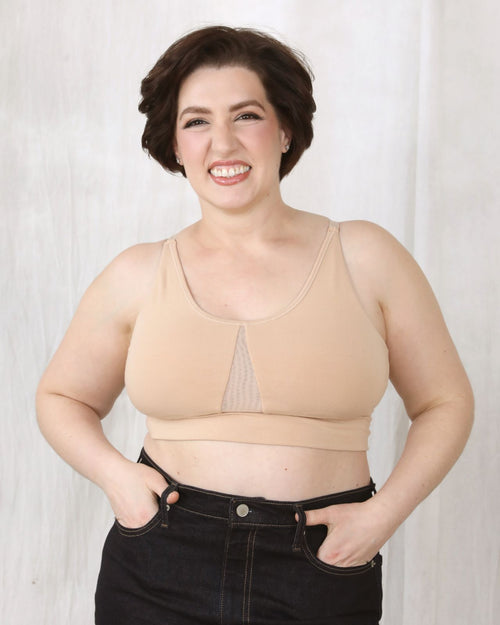 Sand / Mastectomy & pocketed leisure bra with mesh panel sides and underwire free design front view