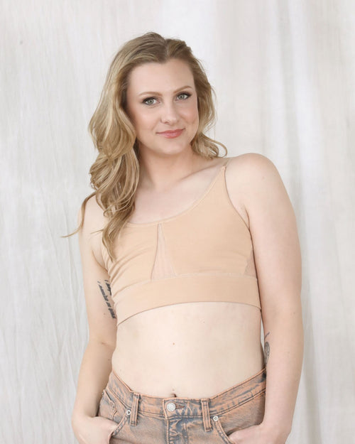 Sand / Mastectomy & pocketed leisure bra with mesh panel sides and underwire free design front view