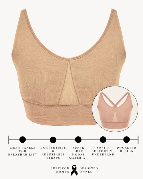 Sand / Mastectomy & pocketed leisure bra with mesh panel sides and underwire free design infographic