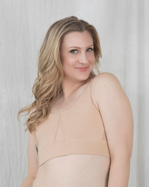 Sand / Mastectomy & pocketed leisure bra with mesh panel sides and underwire free design front view
