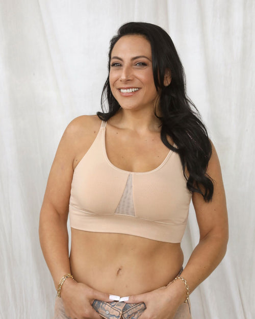 Sand / Mastectomy & pocketed leisure bra with mesh panel sides and underwire free design front view