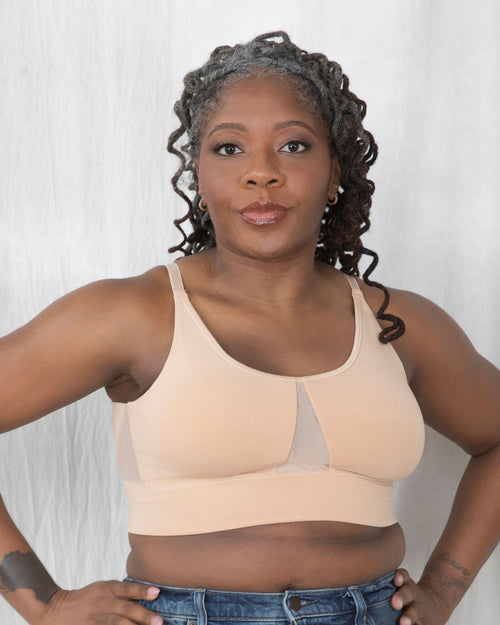 Sand / Mastectomy & pocketed leisure bra with mesh panel sides and underwire free design front view
