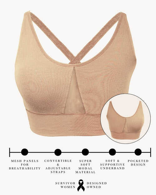 Sand / Mastectomy & pocketed leisure bra with mesh panel sides and underwire free design infographic