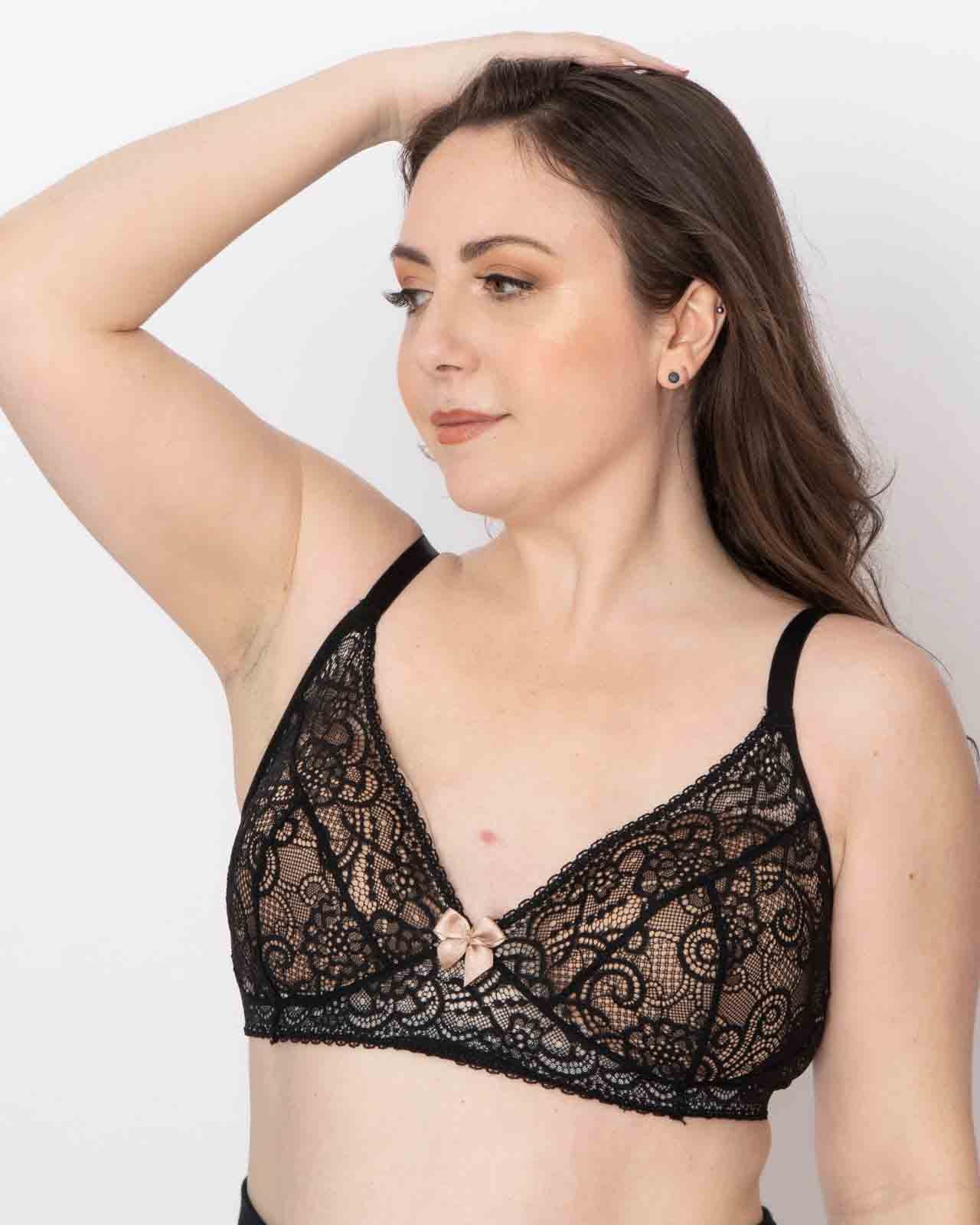 Soft-cup satin bra with lace detailing in Black for