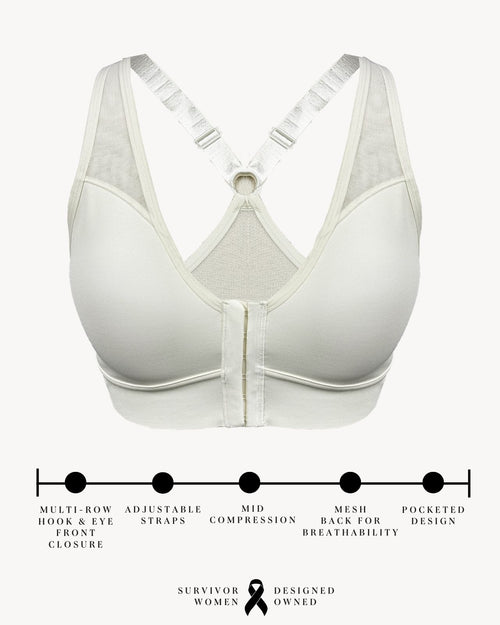 Sand / Au Natural & pocketed front closure sports bra with mesh back panel and adjustable straps on au natural model front view