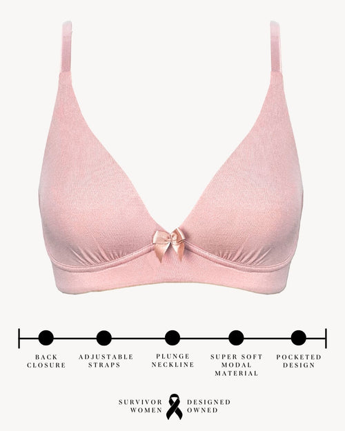 Blush / Flap Reconstruction & pocketed plunge t-shirt bra with soft wire free cups, back hook closure and adjustable straps on model.