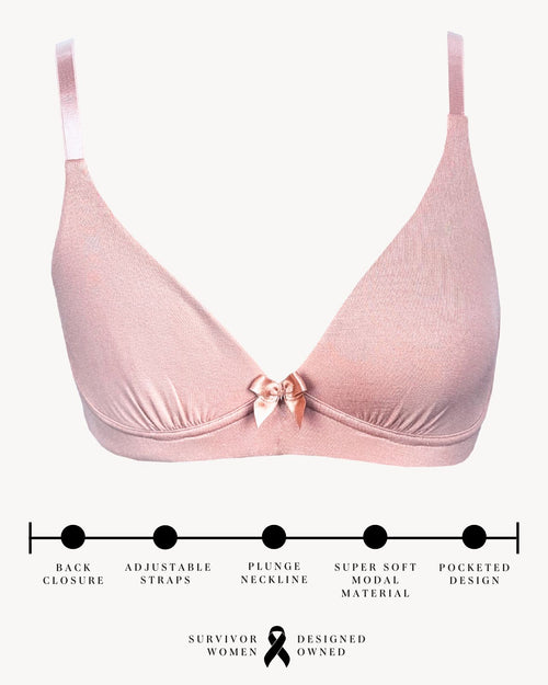 Blush / Flap Reconstruction & pocketed plunge t-shirt bra with soft wire free cups, back hook closure and adjustable straps on model.