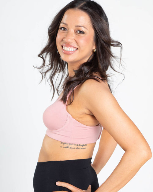 Blush / Flap Reconstruction & pocketed plunge t-shirt bra with soft wire free cups, back hook closure and adjustable straps on model.