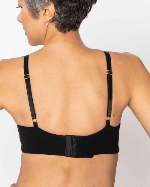 Sand / Lumpectomy & pocketed plunge t-shirt bra with soft wire free cups, back hook closure and adjustable straps on lumpectomy model.