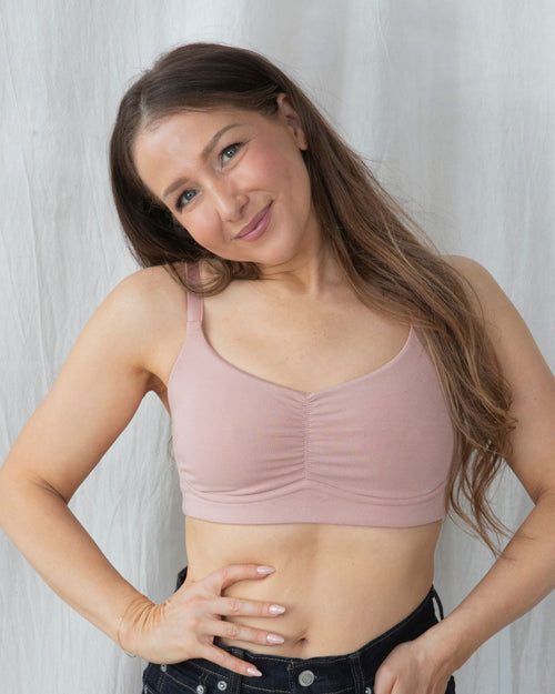 Sand / Implants & pocketed full coverage t-shirt bra with soft wire free cups, back hook closure and adjustable straps on implant model.