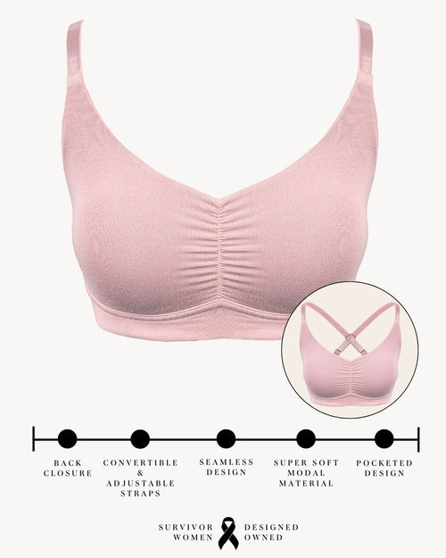 Sand / Implants & pocketed full coverage t-shirt bra with soft wire free cups, back hook closure and adjustable straps on implant model.