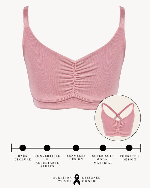 Blush / Mastectomy & pocketed full coverage t-shirt bra with soft wire free cups, back hook closure and adjustable straps on model.