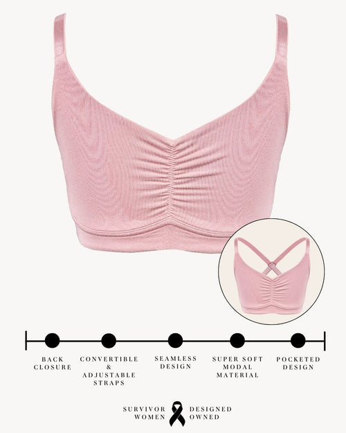 Sand / Implants & pocketed full coverage t-shirt bra with soft wire free cups, back hook closure and adjustable straps on implant model.