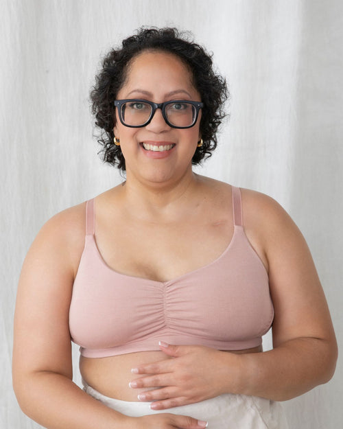 Sand / Implants & pocketed full coverage t-shirt bra with soft wire free cups, back hook closure and adjustable straps on implant model.